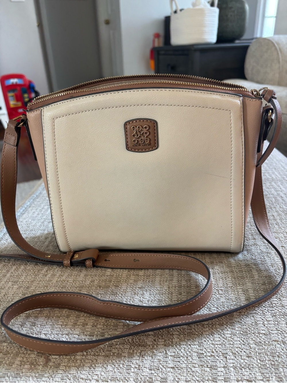 Nine West Cream and Brown Leather Crossbody Bag